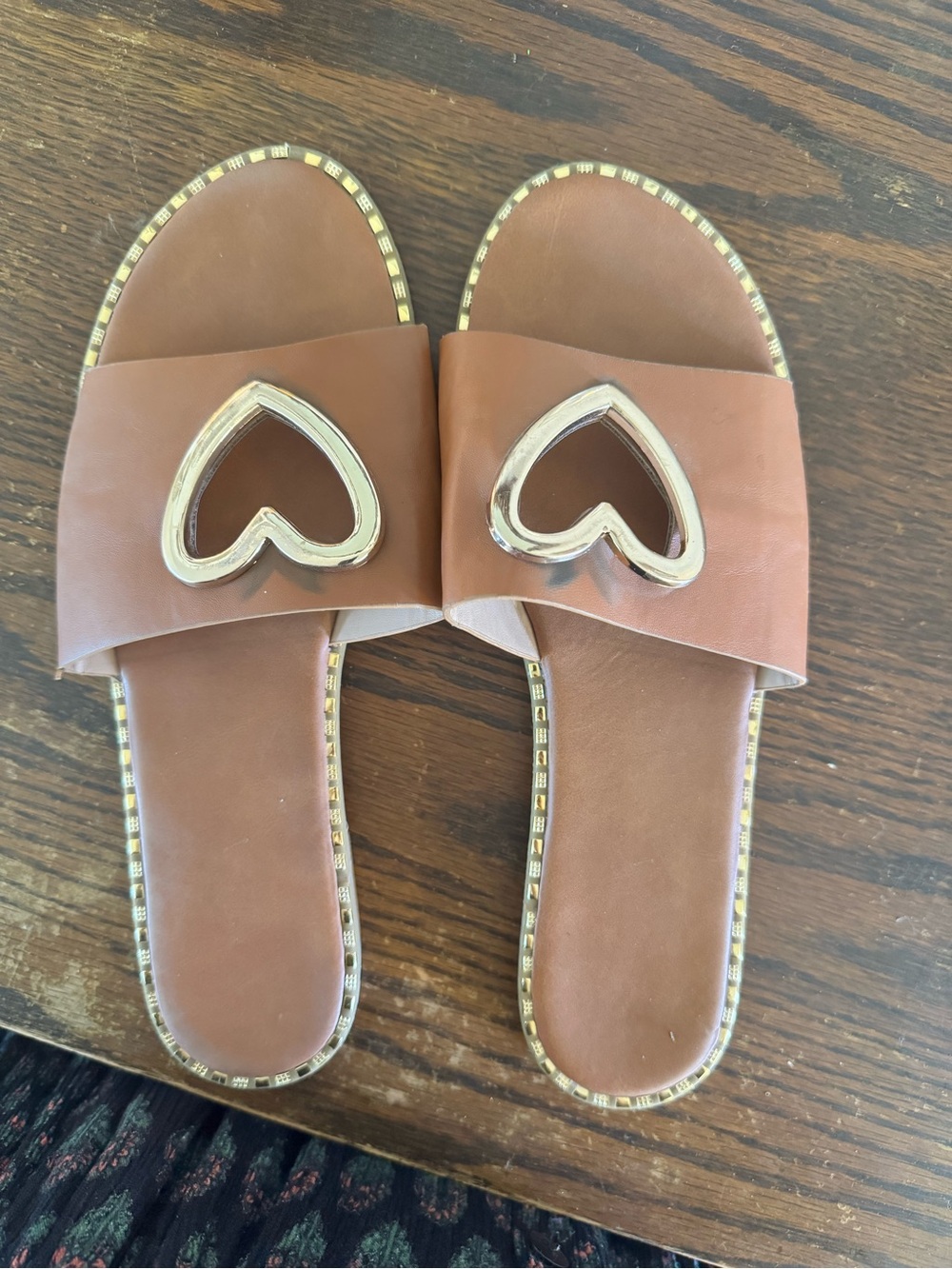 Brown Slide Sandals with Gold Heart Accent